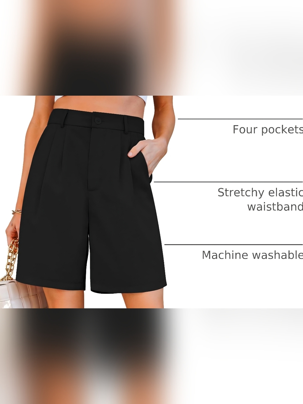 Summer Black Bermuda Shorts with Elastic Waistband - Picture 2 of 12